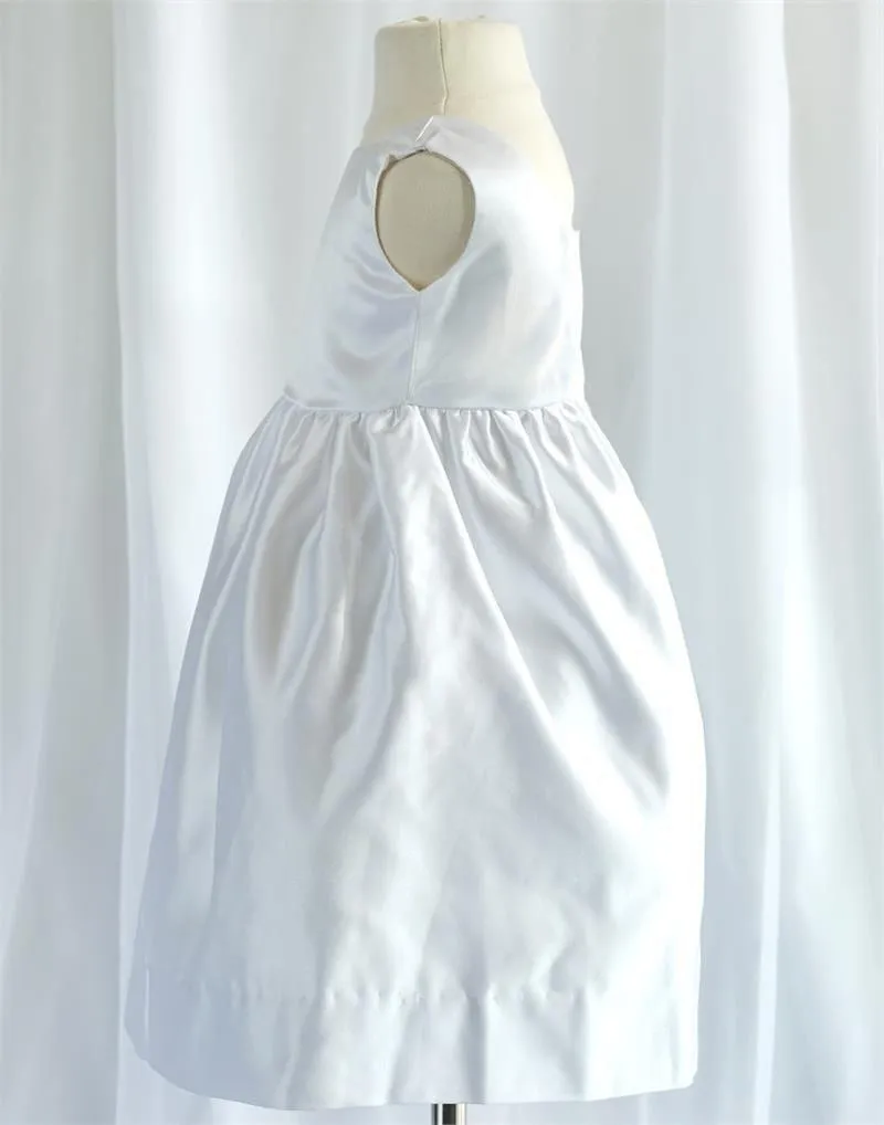 White Sleveeless Satin Flower Girl Dress with Sash