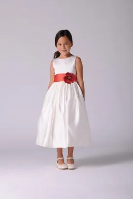 White Sleveeless Satin Flower Girl Dress with Sash
