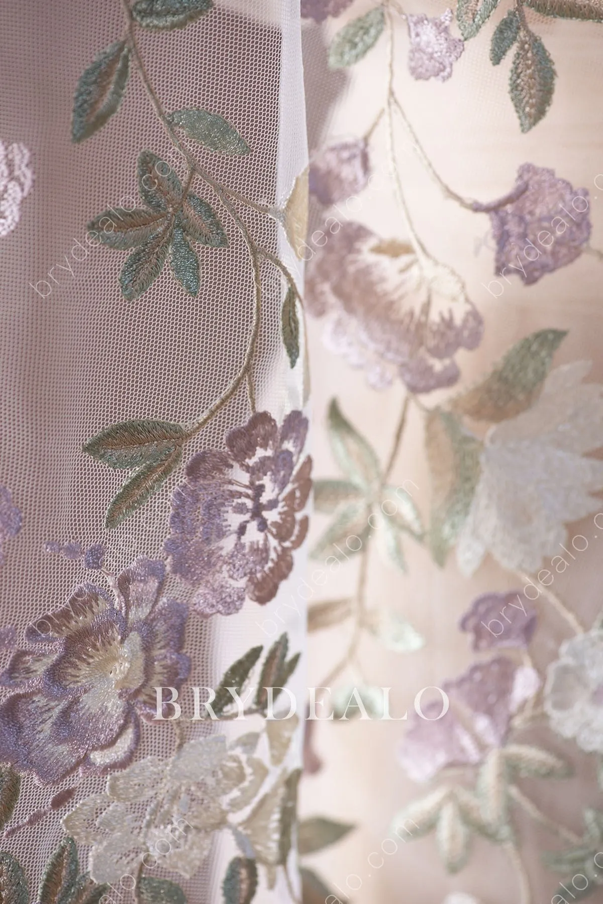 Wild Lavender Flower Green Leaf Embroidery Lace Fabric