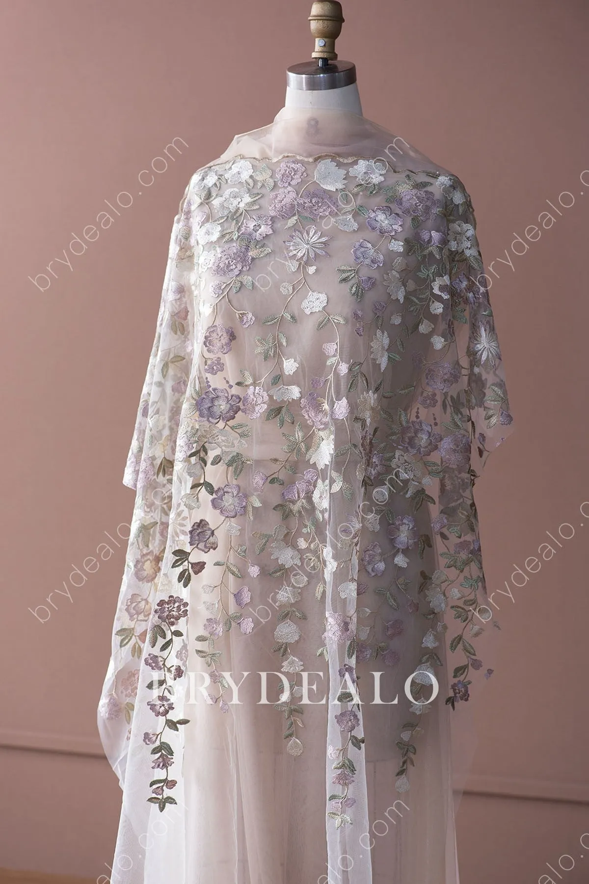 Wild Lavender Flower Green Leaf Embroidery Lace Fabric