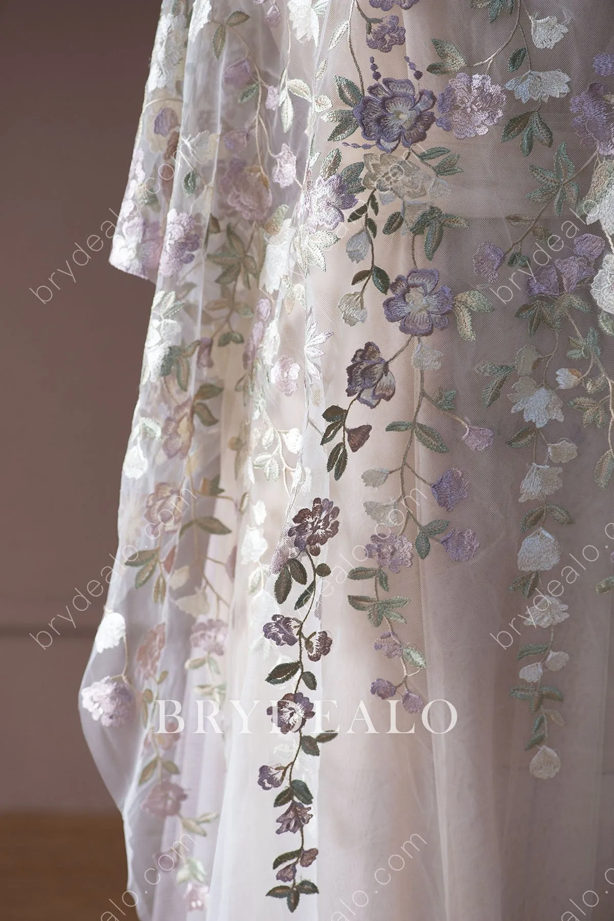 Wild Lavender Flower Green Leaf Embroidery Lace Fabric