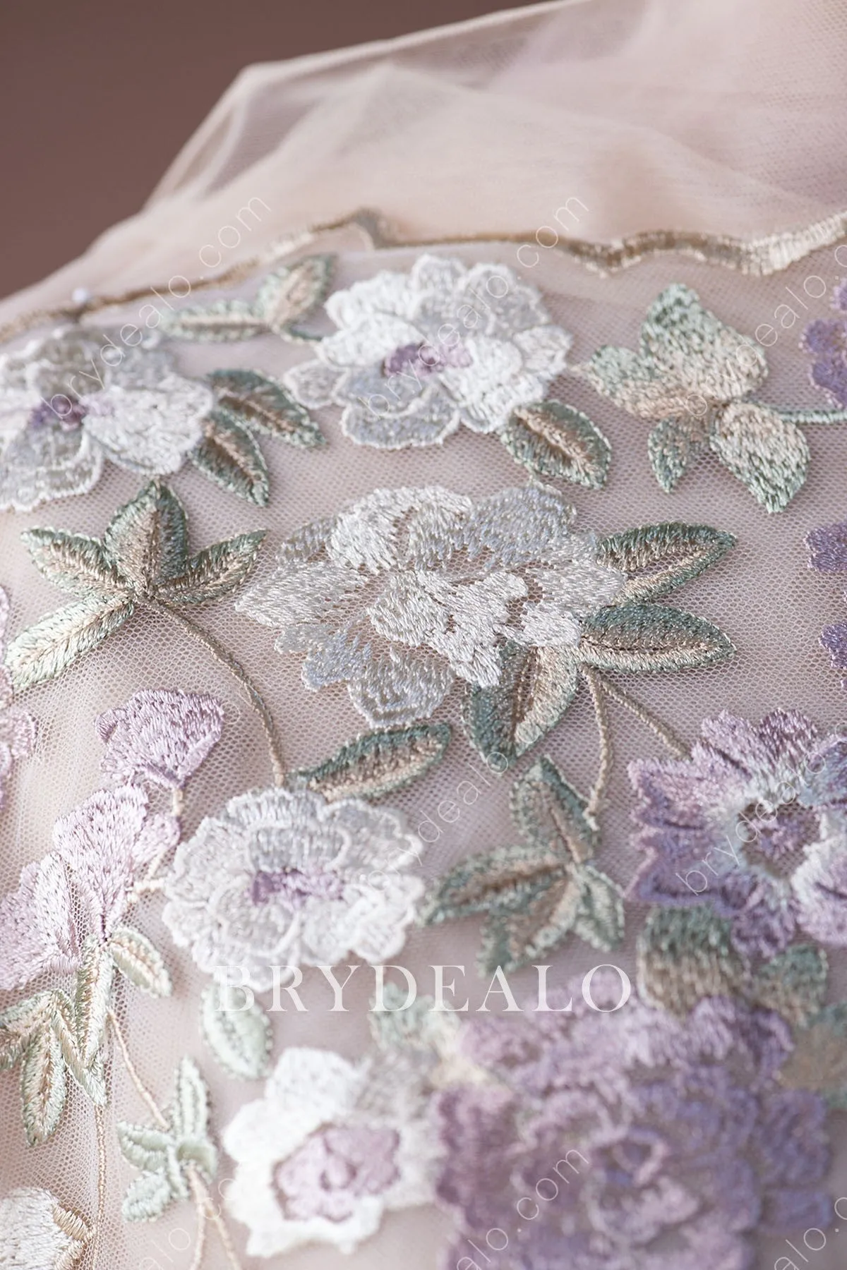 Wild Lavender Flower Green Leaf Embroidery Lace Fabric