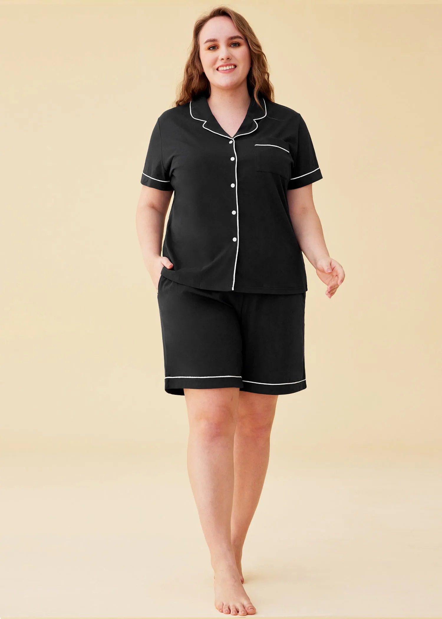 Women's Cotton Button Up Pajama Shirt Sleep Shorts Lounge Set