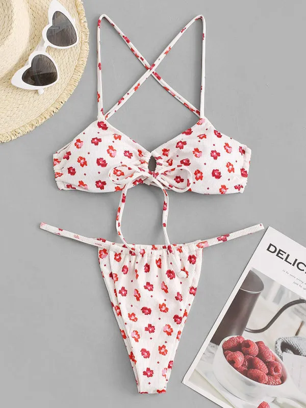 Women's Pink And White Cute Flower Print Bikini