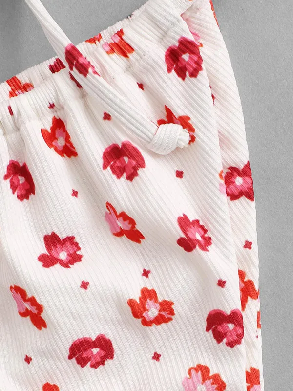 Women's Pink And White Cute Flower Print Bikini