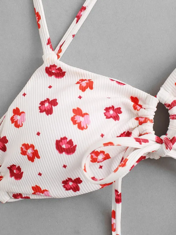 Women's Pink And White Cute Flower Print Bikini