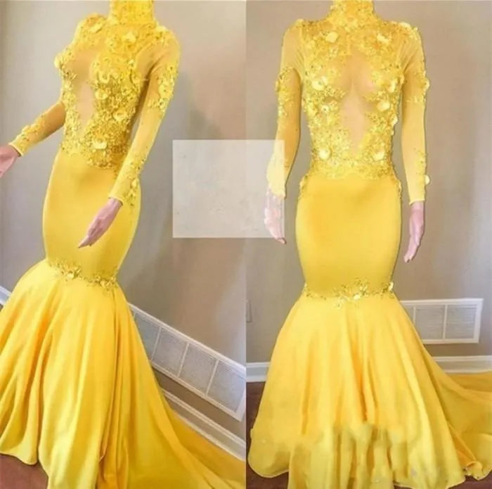 Yellow High Neck Flower Appliques Mermaid Long Sleevess Prom Dresses